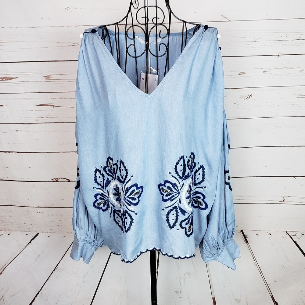 Zara Trafaluc Embroidered Beaded Chambray Top